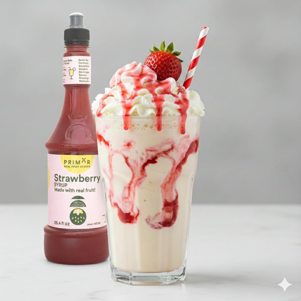 Strawberry syrup bottle next to a strawberry milkshake with whipped cream and a red and white straw on a gray background.