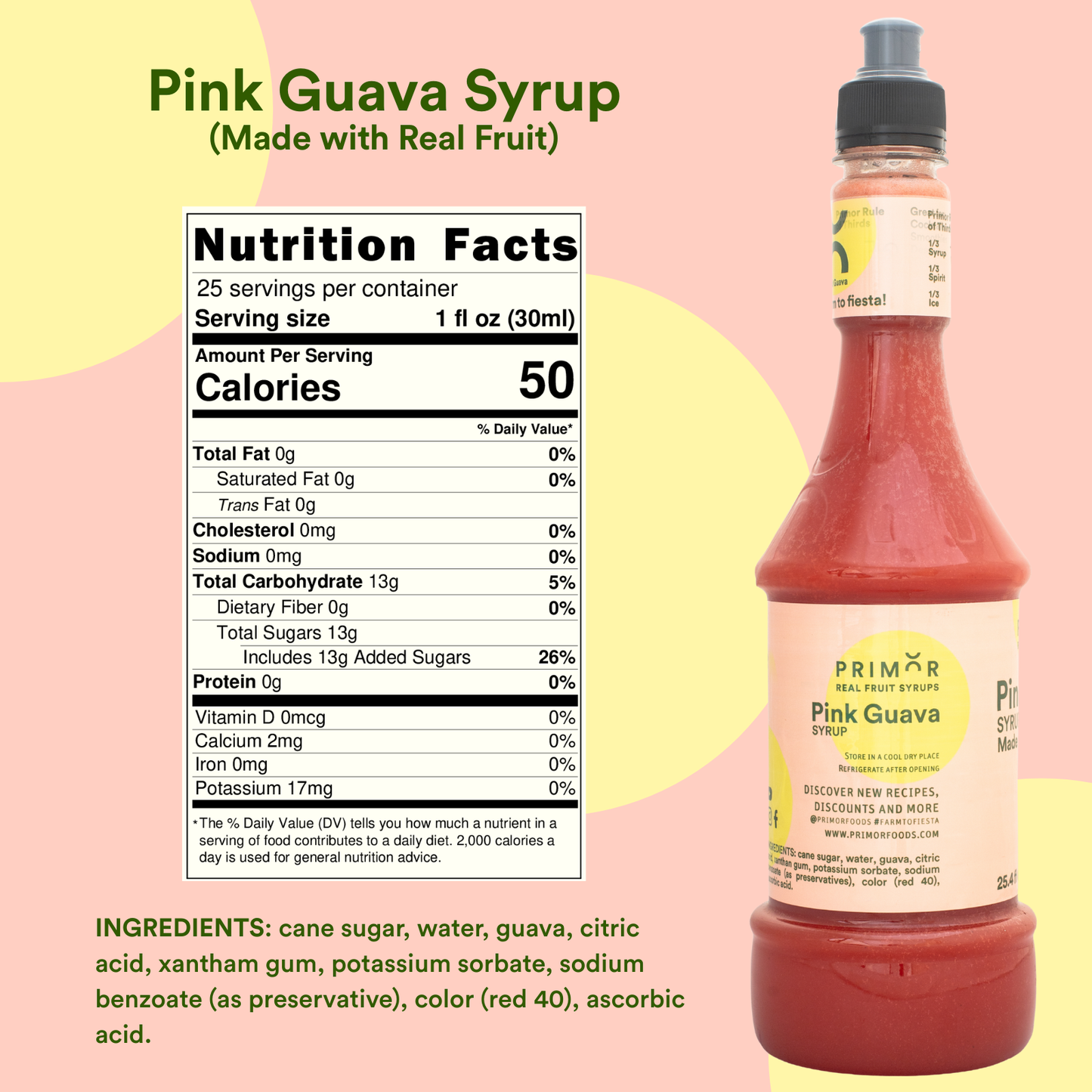 Primor Foods Pink Guava Syrup bottle with nutrition facts label on a colorful background
