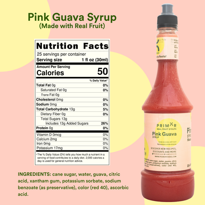 Primor Foods Pink Guava Syrup bottle with nutrition facts label on a colorful background