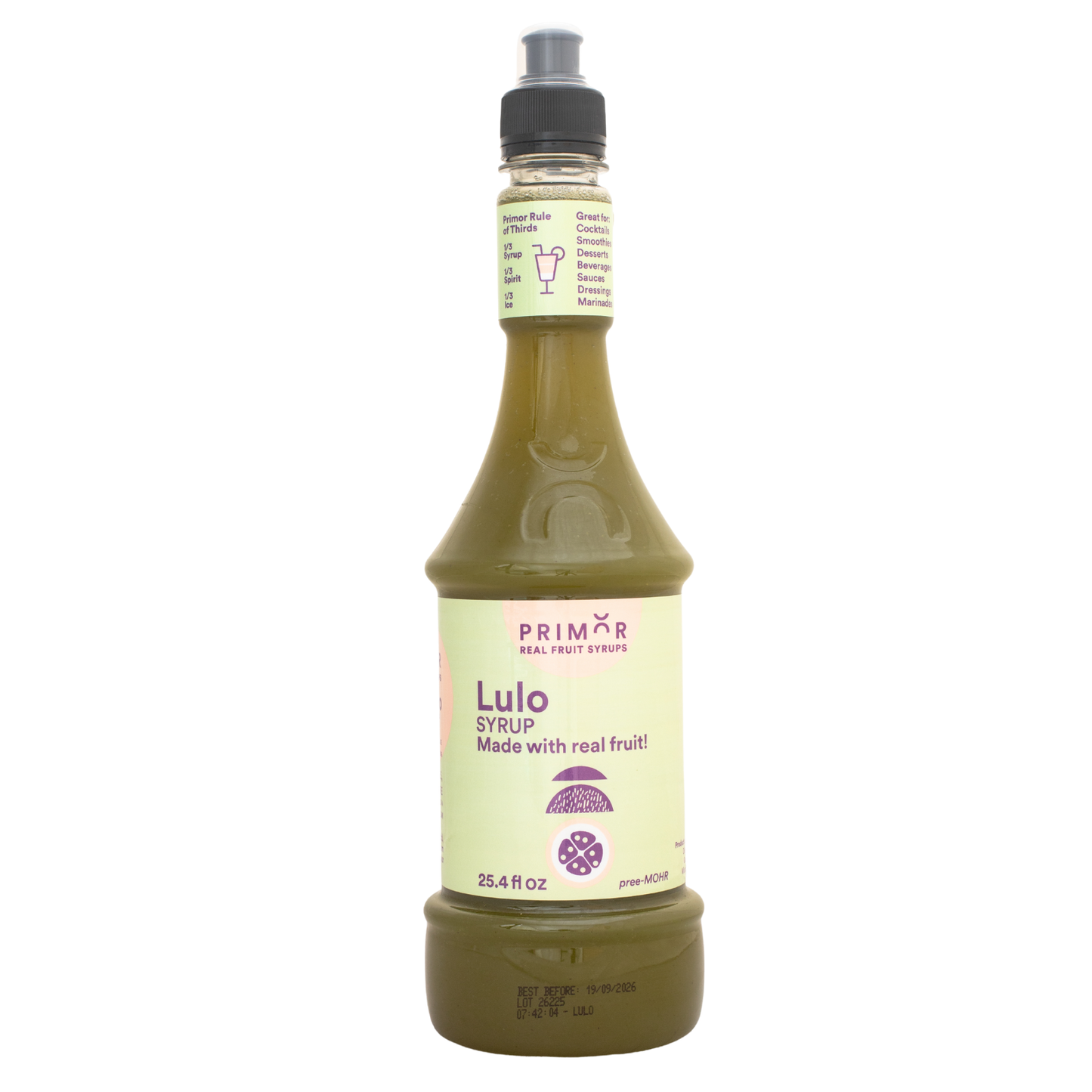 Bottle of Primor Lulo syrup with a visible label on a white background