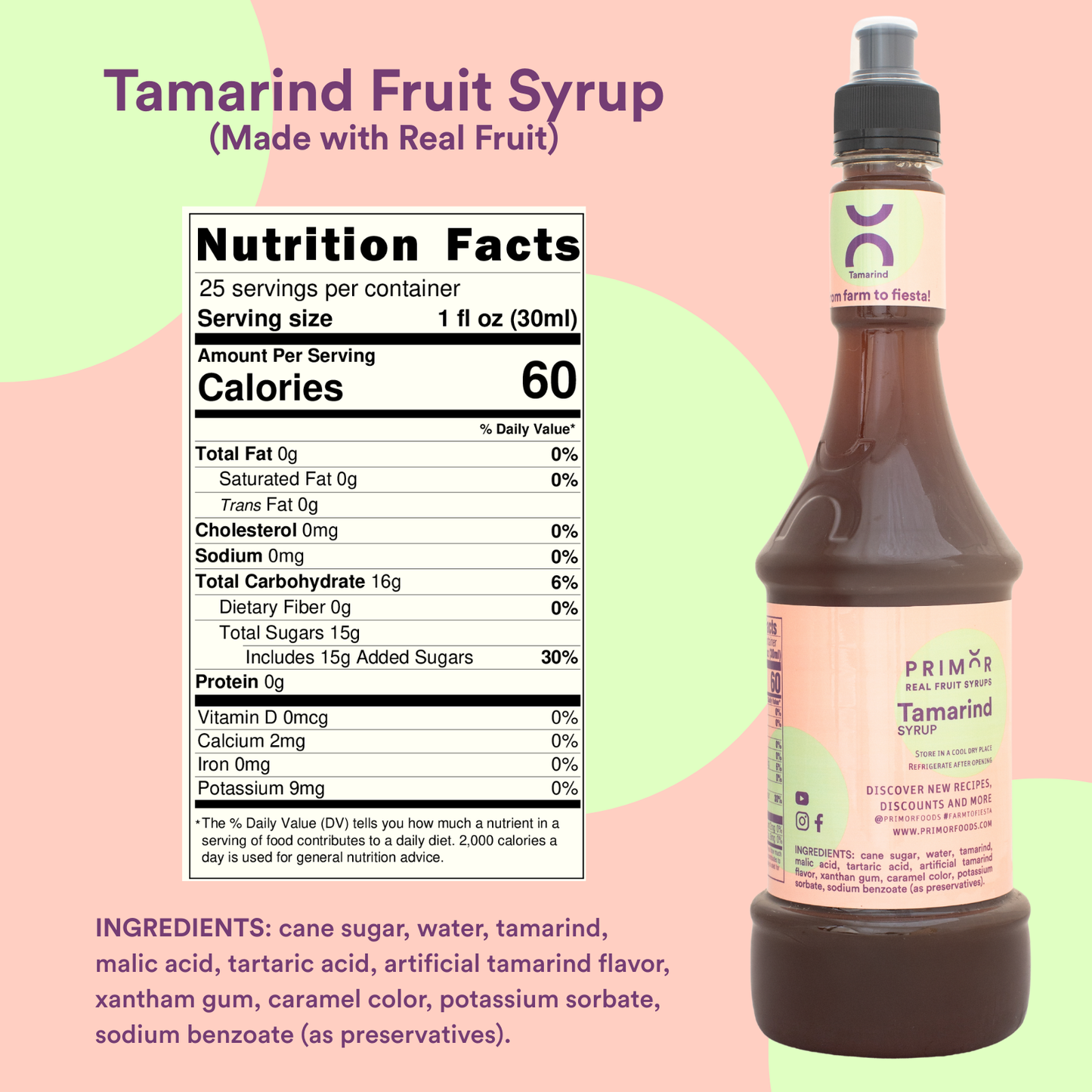 Bottle of Primor Tamarind Fruit Syrup with nutrition facts label on a colorful background