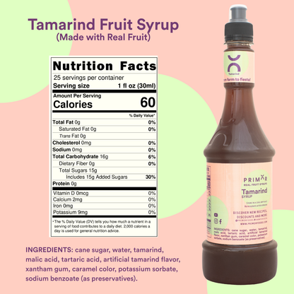 Bottle of Primor Tamarind Fruit Syrup with nutrition facts label on a colorful background
