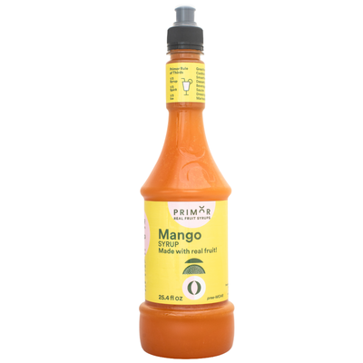 Bottle of Primor Foods Mango syrup on a white background