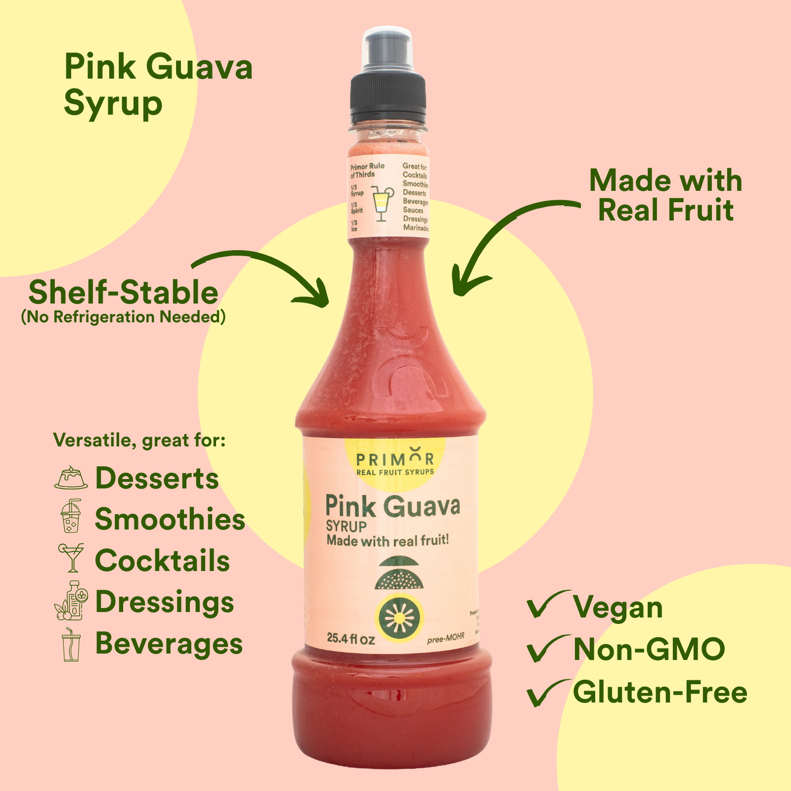 Bottle of Primor Foods Pink Guava Syrup with product features on a pink background