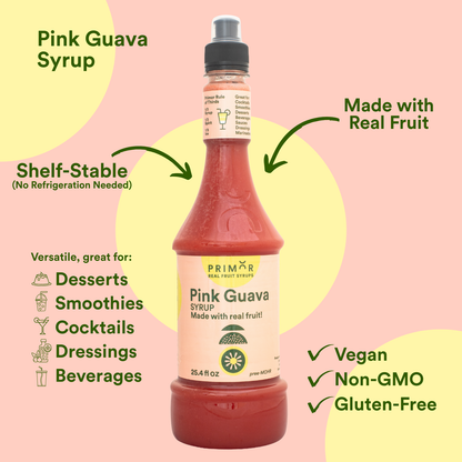 Bottle of Primor Foods Pink Guava Syrup with product features on a pink background
