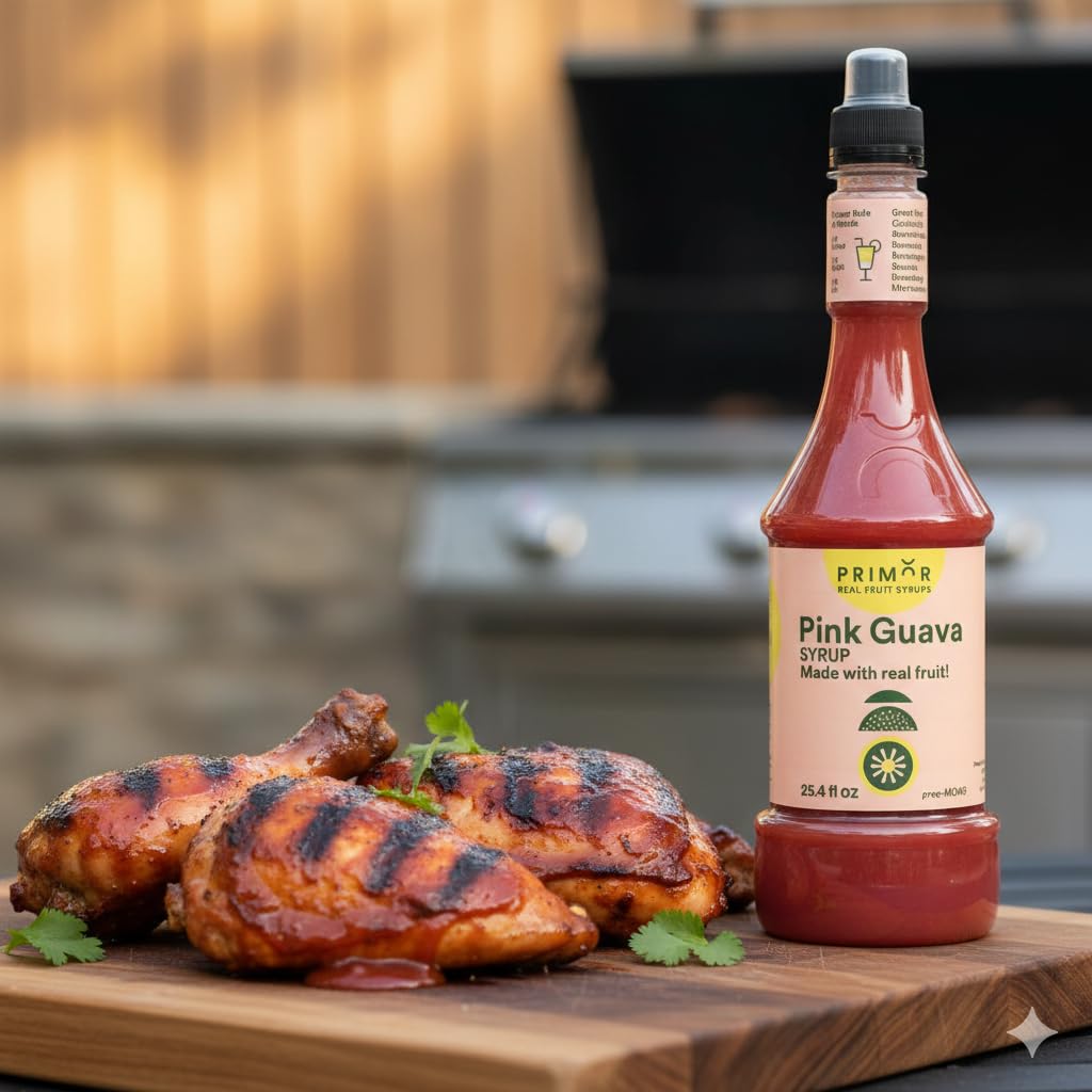 Bottle of Primor Foods Pink Guava syrup next to grilled chicken on a wooden cutting board with a blurred grill in the background.