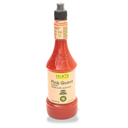 Bottle of Pink Guava syrup with a white background