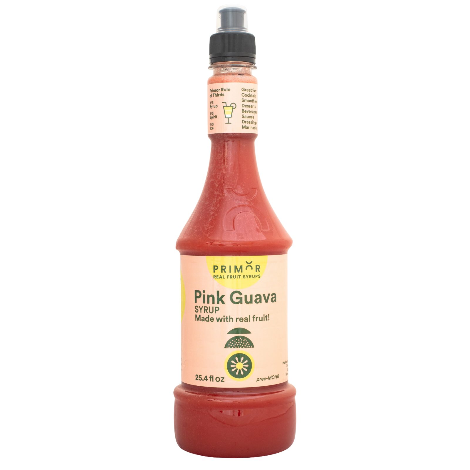 Bottle of Primor Foods Pink Guava syrup with a white background