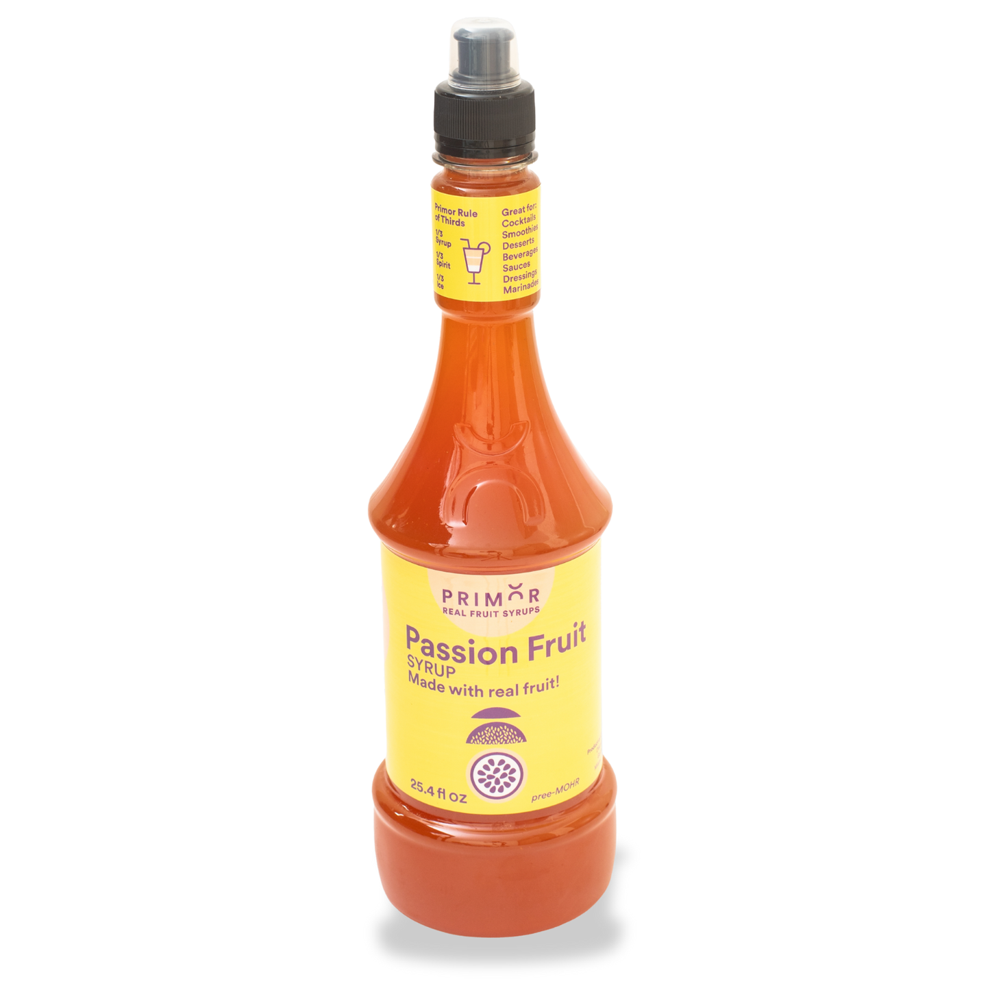 Bottle of Primor Passion Fruit syrup on a white background