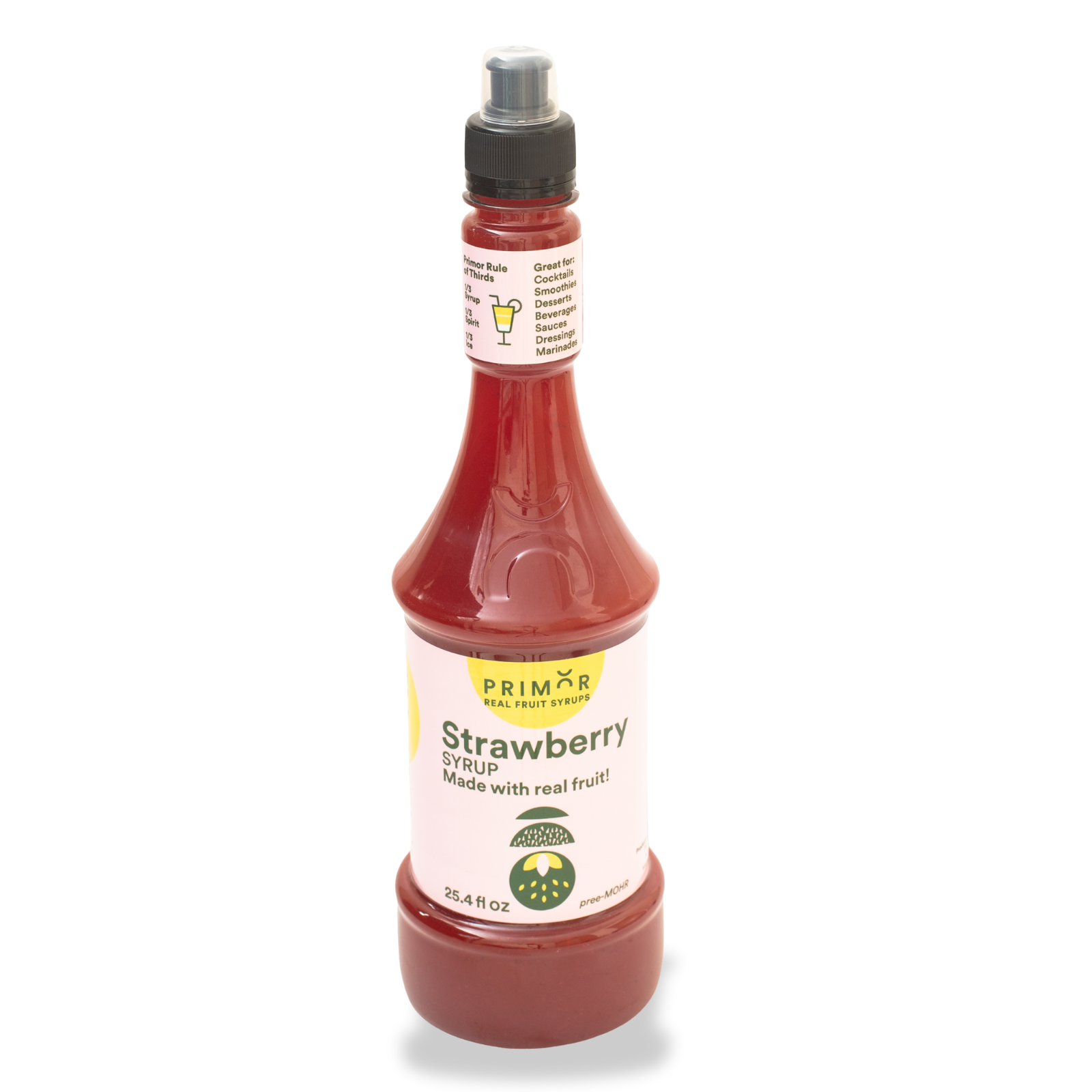 Bottle of strawberry syrup with a visible label on a white background