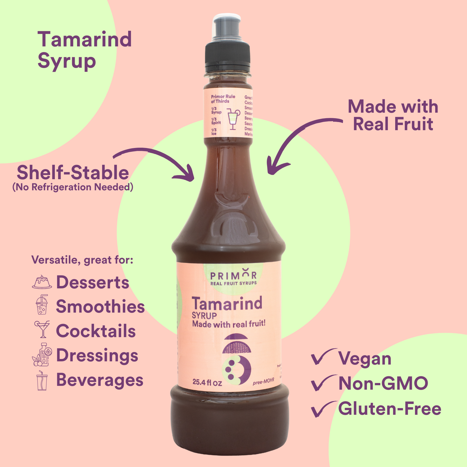Bottle of Primor Tamarind Syrup with product features on a pink background